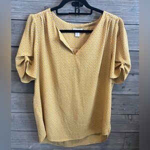 Carolina Belle Mustard Yellow Printed V-Neck Blouse Ruched Sleeves
